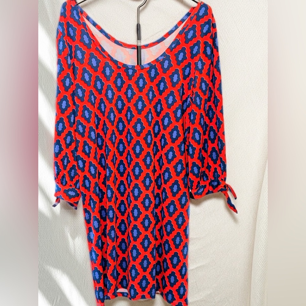 Mud Pie Red and Blue Geometric Dress Size Large Hi Low Office Church Business